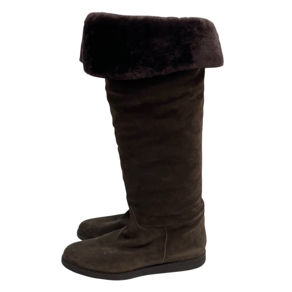 Salvatore Ferragamo Brown Suede Fur Lined Fold Over Pull On Knee Boots Womens 9